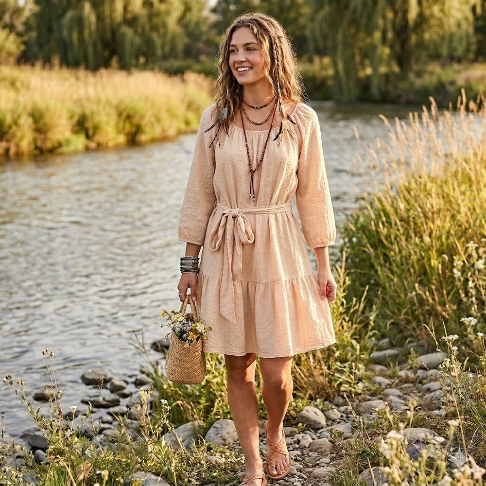 By The River‎ Mini Dress Textured Boho Tiered Tie Waist Tan / Peach Large